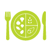 green plate with fork and knife featuring five small pieces of food reflecting ten meal options
